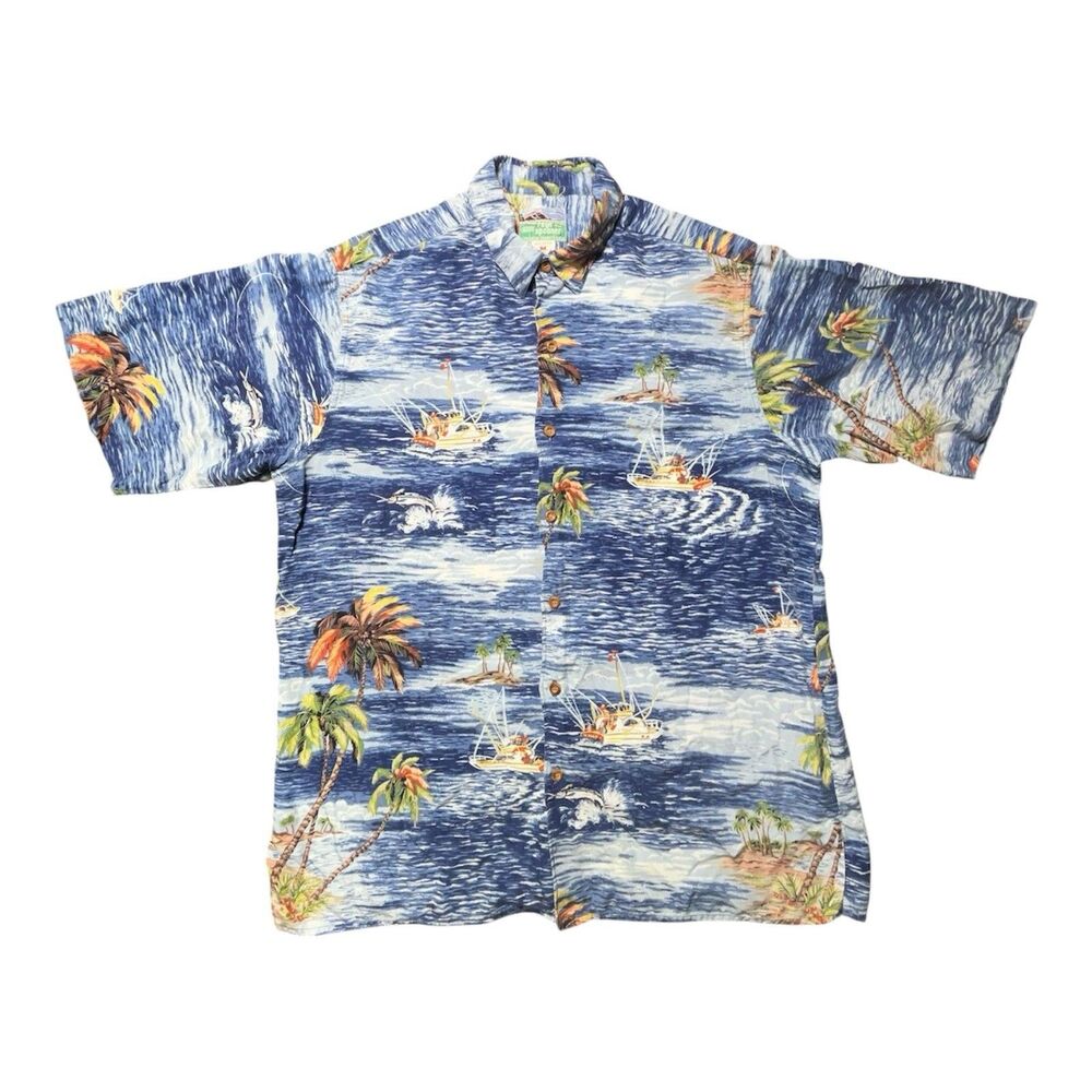 Vintage Reyn Spooner Hawaiian Button Up Shirt Rayon Men’s M Blue Beach